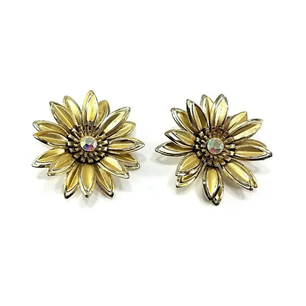 Vintage 1960s Gold Flower Clip Earrings Aurora Borealis Rhinestone